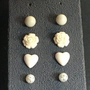 White Stud Earrings Lot 4 Pairs Heart Flower Round Frosted Marbled Retro BoHo